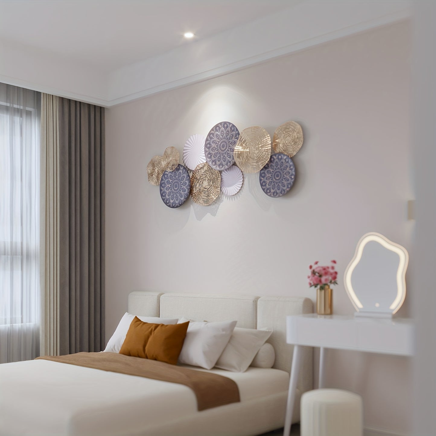 Modern Iron Wall Art Decor - Circular Metal Wall Hanging with Geometric Patterns, White & Golden Finish