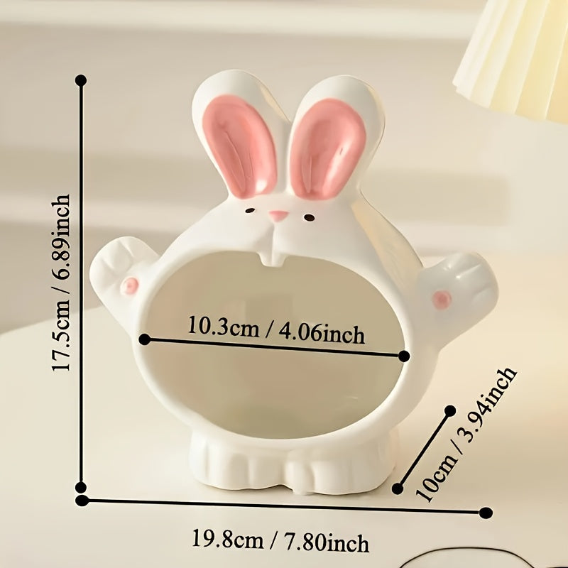Cute Bunny Figurine Cute White Ceramic Bunny Figurine with Pink Accents | Easter Decorative Statue, Key & Candy Holder for Home or Office, Perfect Gift for Easter, Birthdays, Valentine's Day & Thanksgiving